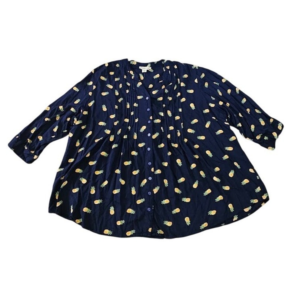 Coldwater Creek Women 3X Navy Blue Pineapple Print Pleated Button Front Blouse